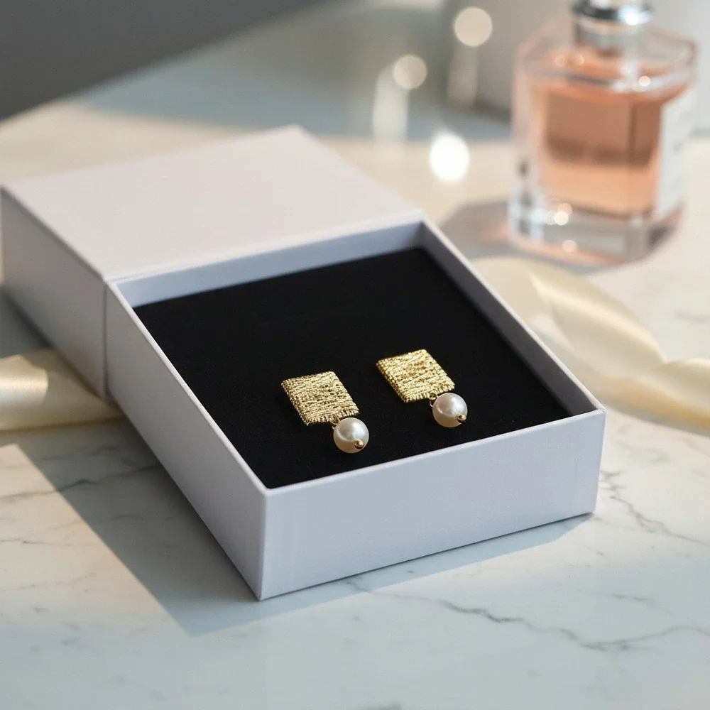 Accent Gold Textured Square Dangle‎ Drop Earrings Freshwater Pearl Jewelry